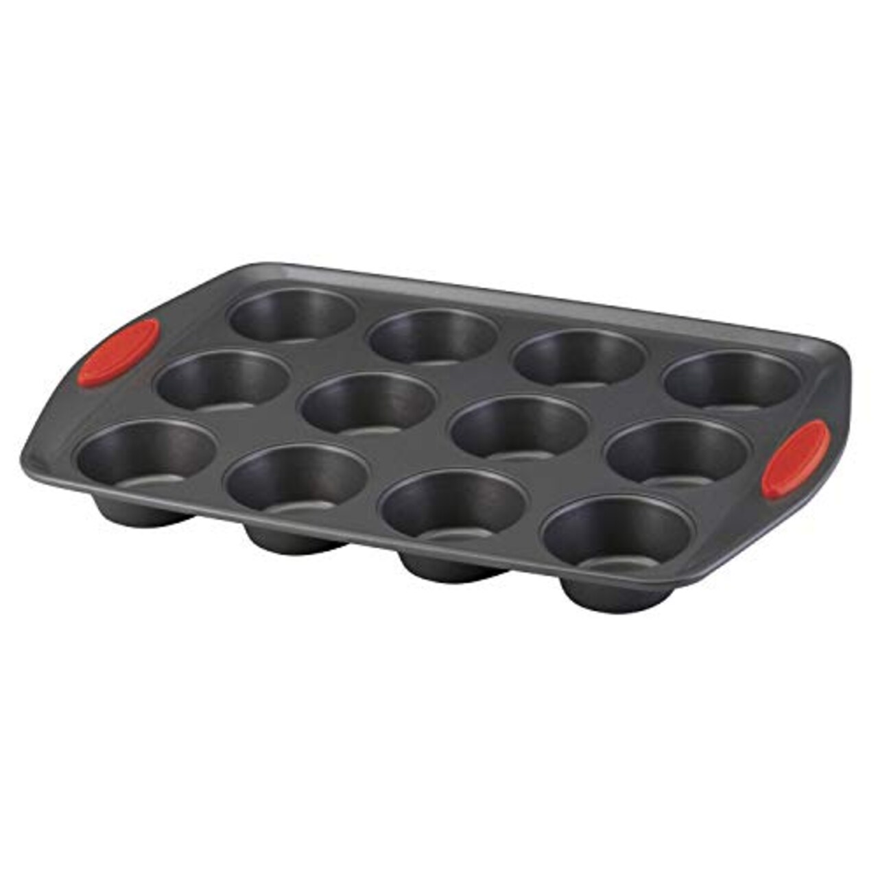 Nonstick Bakeware 12-Cup Muffin Tin With Grips / Nonstick 12-Cup Cupcake Tin With Grips - 12 Cup, Gray with Red Grips